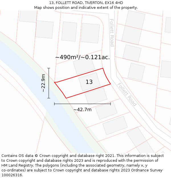 13, FOLLETT ROAD, TIVERTON, EX16 4HD: Plot and title map