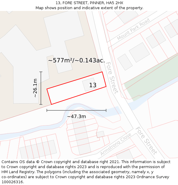 13, FORE STREET, PINNER, HA5 2HX: Plot and title map