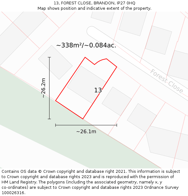 13, FOREST CLOSE, BRANDON, IP27 0HQ: Plot and title map