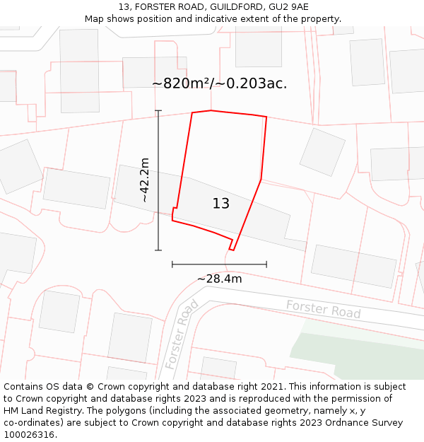 13, FORSTER ROAD, GUILDFORD, GU2 9AE: Plot and title map