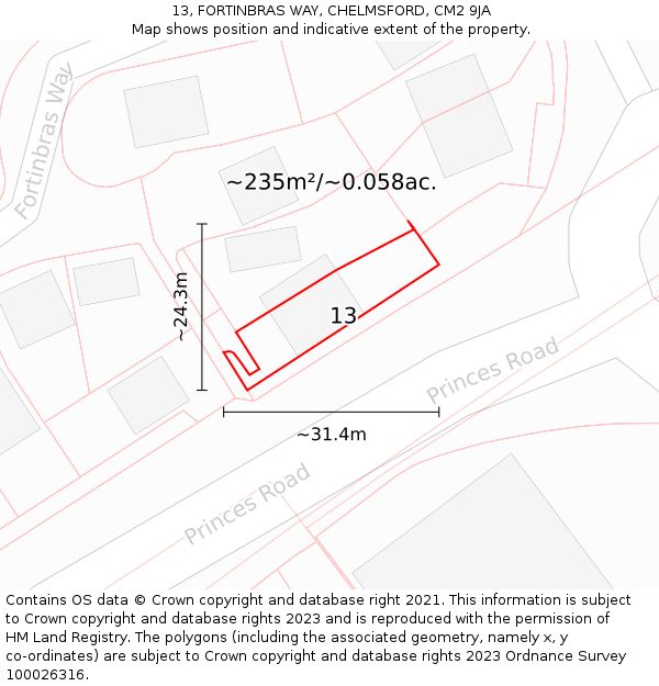 13, FORTINBRAS WAY, CHELMSFORD, CM2 9JA: Plot and title map