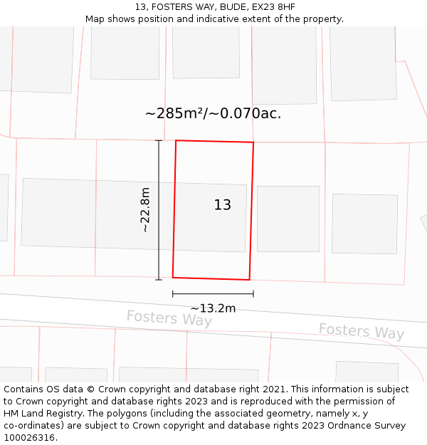 13, FOSTERS WAY, BUDE, EX23 8HF: Plot and title map