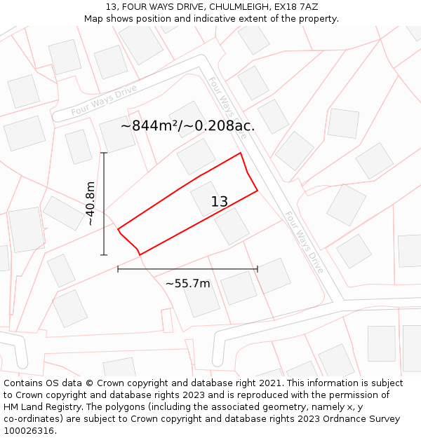 13, FOUR WAYS DRIVE, CHULMLEIGH, EX18 7AZ: Plot and title map