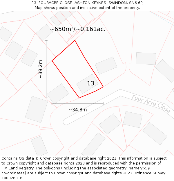 13, FOURACRE CLOSE, ASHTON KEYNES, SWINDON, SN6 6PJ: Plot and title map