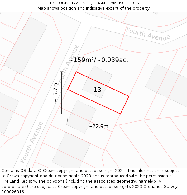 13, FOURTH AVENUE, GRANTHAM, NG31 9TS: Plot and title map