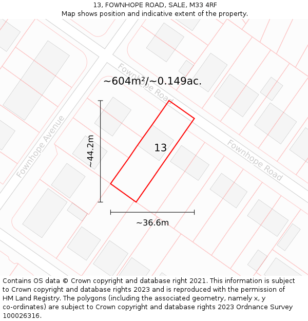 13, FOWNHOPE ROAD, SALE, M33 4RF: Plot and title map