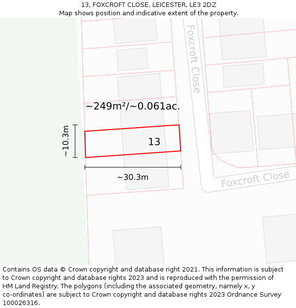 13, FOXCROFT CLOSE, LEICESTER, LE3 2DZ: Plot and title map