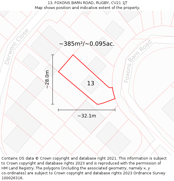 13, FOXONS BARN ROAD, RUGBY, CV21 1JT: Plot and title map