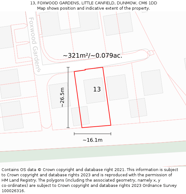 13, FOXWOOD GARDENS, LITTLE CANFIELD, DUNMOW, CM6 1DD: Plot and title map