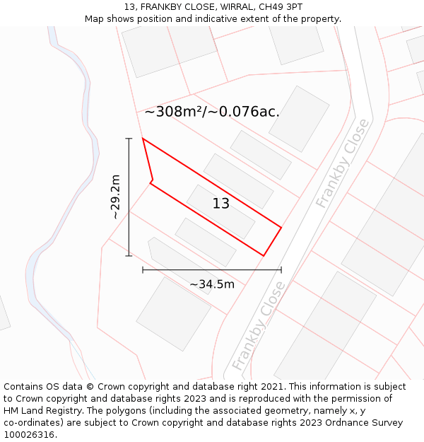 13, FRANKBY CLOSE, WIRRAL, CH49 3PT: Plot and title map