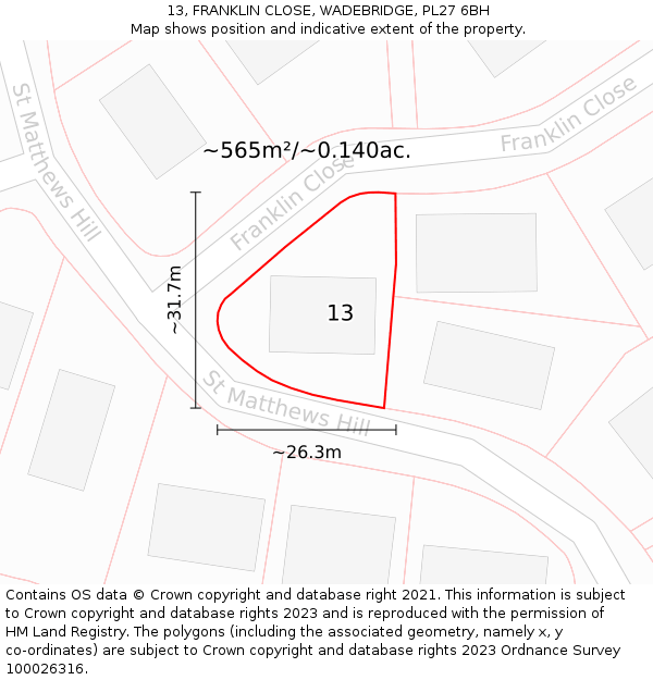 13, FRANKLIN CLOSE, WADEBRIDGE, PL27 6BH: Plot and title map