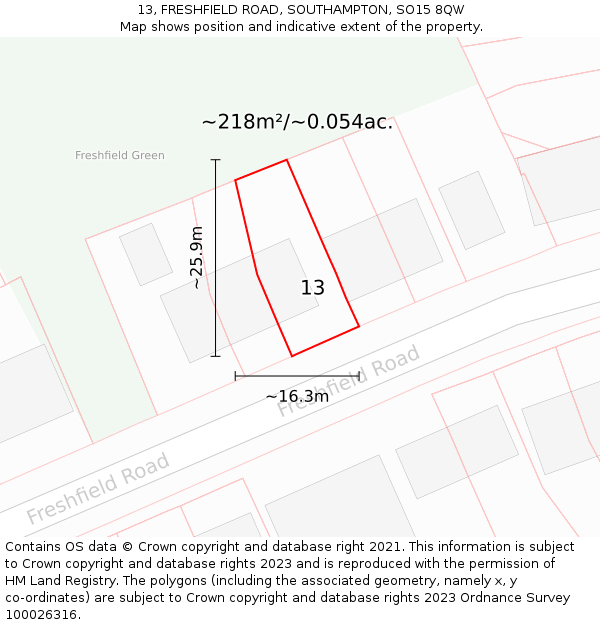 13, FRESHFIELD ROAD, SOUTHAMPTON, SO15 8QW: Plot and title map