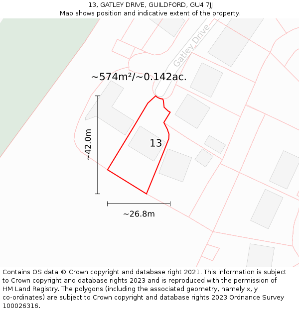 13, GATLEY DRIVE, GUILDFORD, GU4 7JJ: Plot and title map