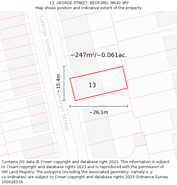 13, GEORGE STREET, BEDFORD, MK40 3RY: Plot and title map