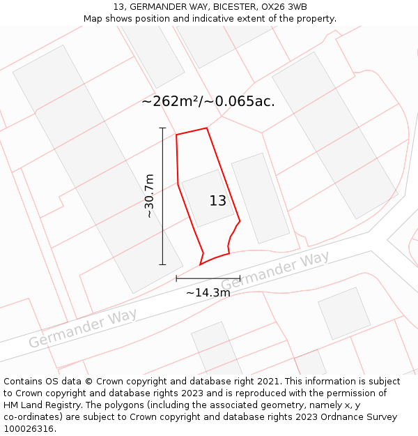 13, GERMANDER WAY, BICESTER, OX26 3WB: Plot and title map