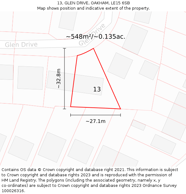 13, GLEN DRIVE, OAKHAM, LE15 6SB: Plot and title map