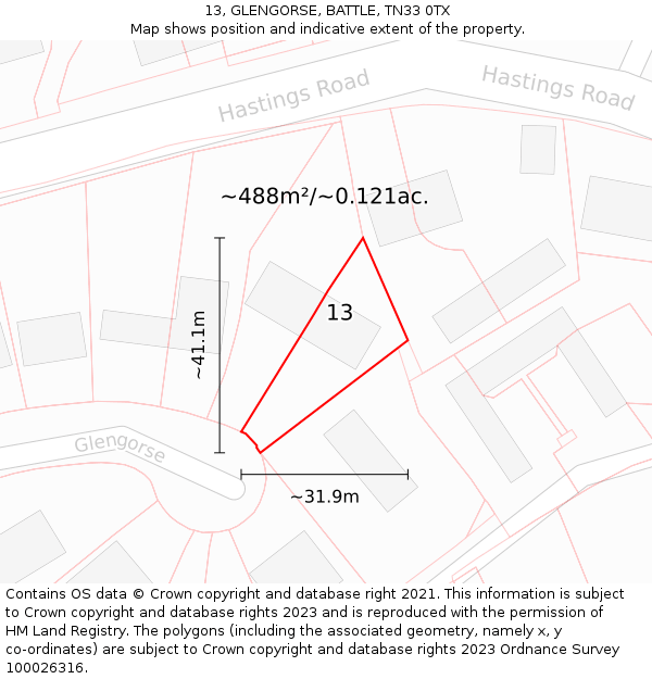 13, GLENGORSE, BATTLE, TN33 0TX: Plot and title map