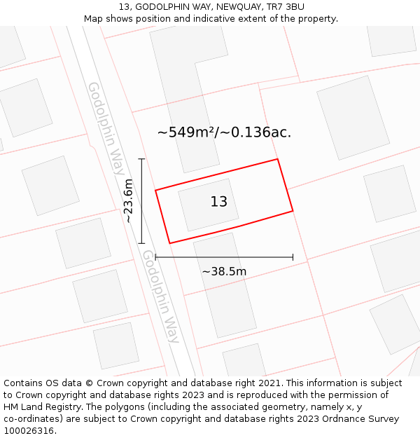 13, GODOLPHIN WAY, NEWQUAY, TR7 3BU: Plot and title map