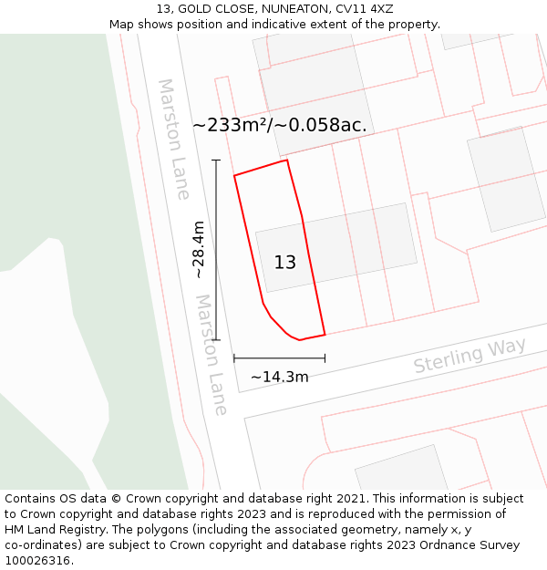 13, GOLD CLOSE, NUNEATON, CV11 4XZ: Plot and title map