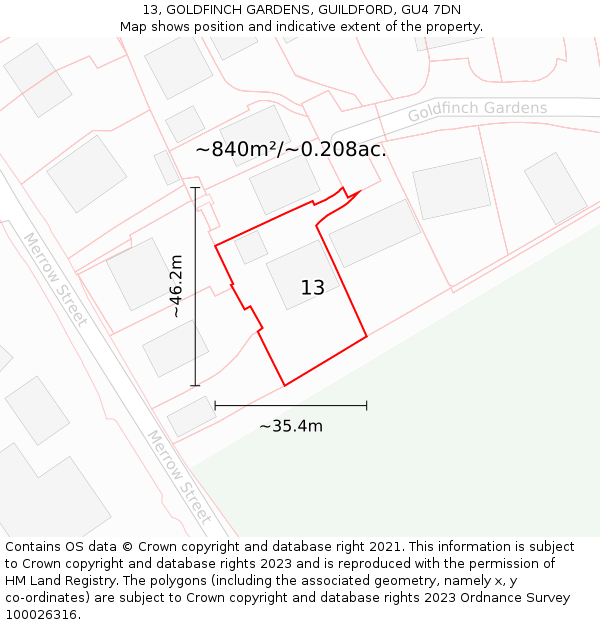 13, GOLDFINCH GARDENS, GUILDFORD, GU4 7DN: Plot and title map