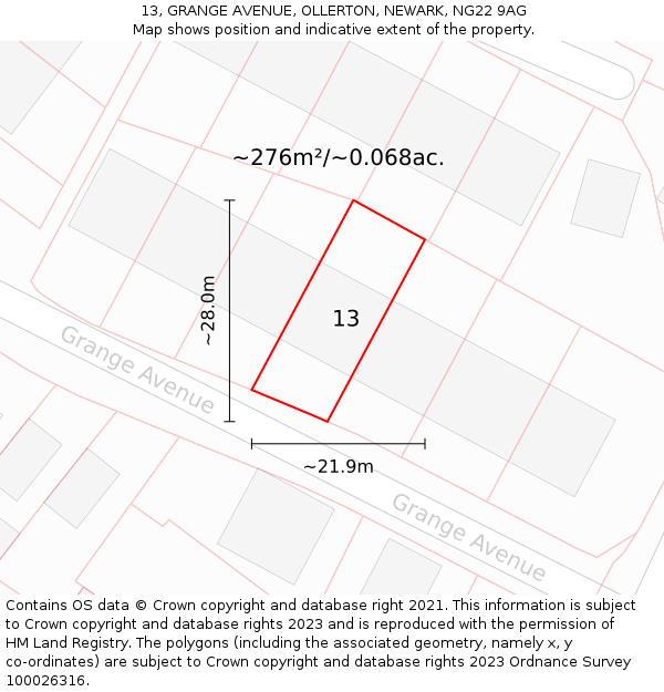 13, GRANGE AVENUE, OLLERTON, NEWARK, NG22 9AG: Plot and title map