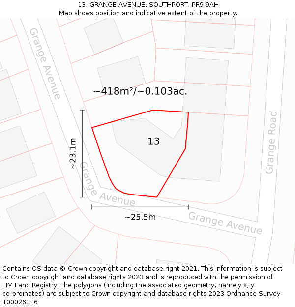 13, GRANGE AVENUE, SOUTHPORT, PR9 9AH: Plot and title map