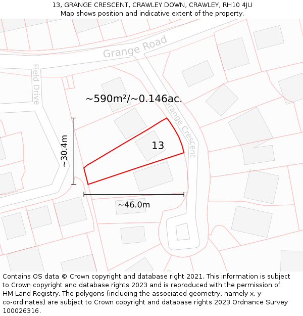 13, GRANGE CRESCENT, CRAWLEY DOWN, CRAWLEY, RH10 4JU: Plot and title map