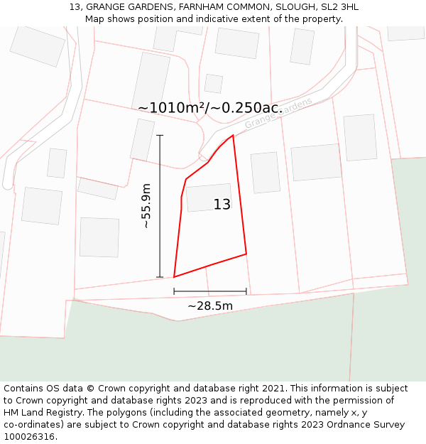 13, GRANGE GARDENS, FARNHAM COMMON, SLOUGH, SL2 3HL: Plot and title map