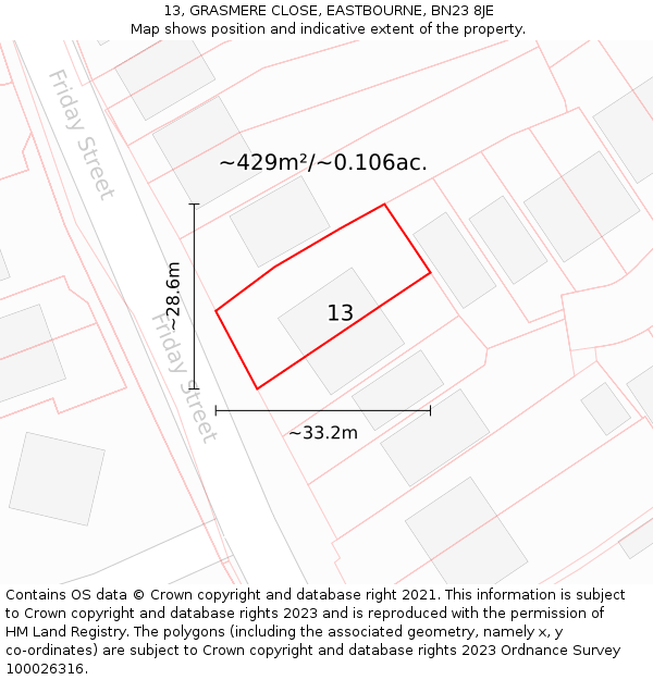 13, GRASMERE CLOSE, EASTBOURNE, BN23 8JE: Plot and title map