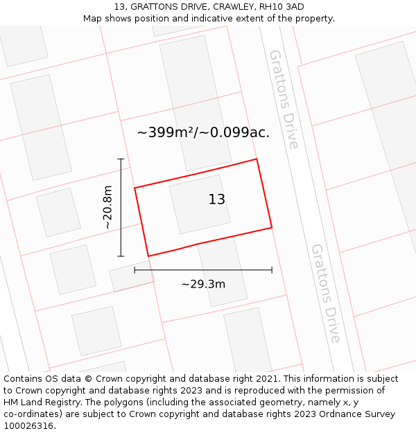 13, GRATTONS DRIVE, CRAWLEY, RH10 3AD: Plot and title map