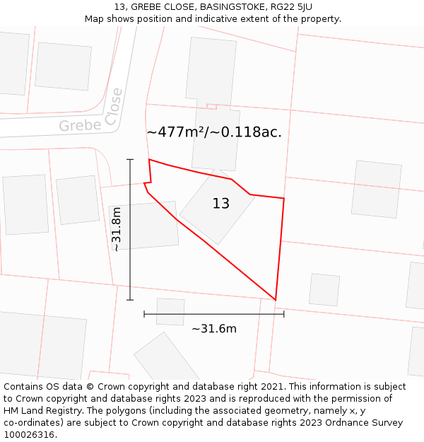 13, GREBE CLOSE, BASINGSTOKE, RG22 5JU: Plot and title map