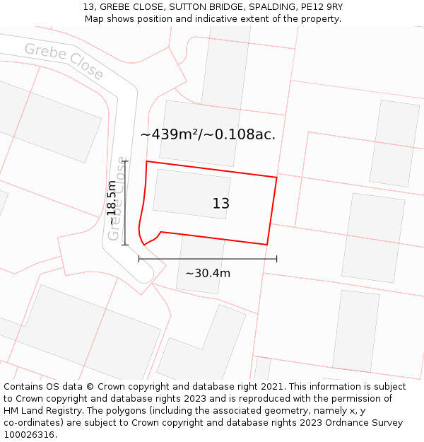 13, GREBE CLOSE, SUTTON BRIDGE, SPALDING, PE12 9RY: Plot and title map