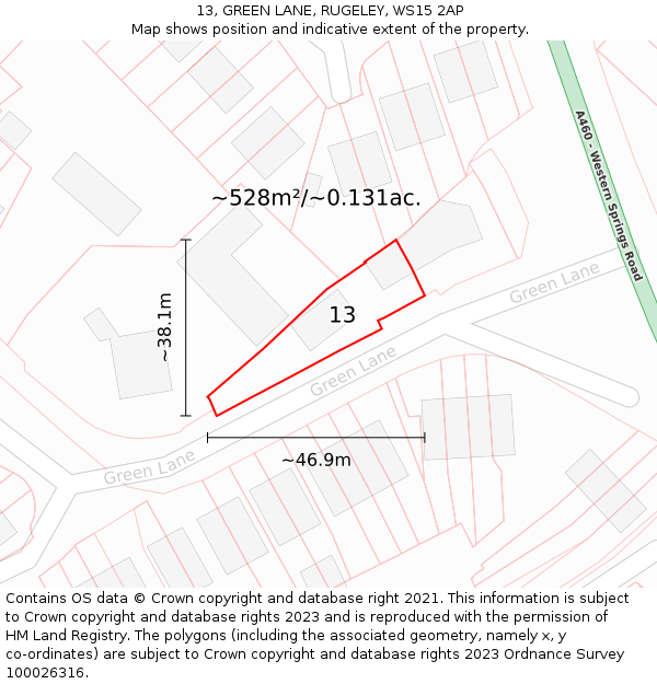 13, GREEN LANE, RUGELEY, WS15 2AP: Plot and title map