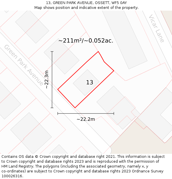 13, GREEN PARK AVENUE, OSSETT, WF5 0AY: Plot and title map