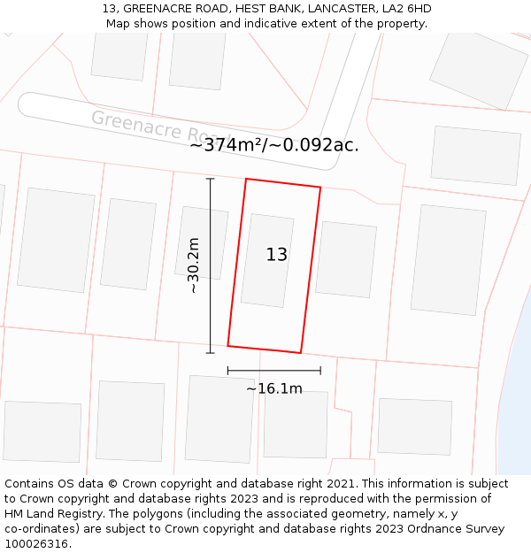 13, GREENACRE ROAD, HEST BANK, LANCASTER, LA2 6HD: Plot and title map