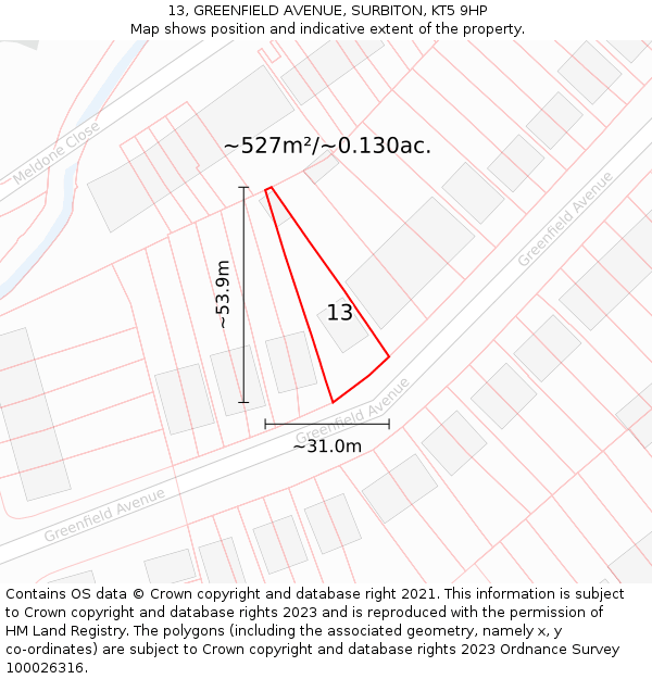 13, GREENFIELD AVENUE, SURBITON, KT5 9HP: Plot and title map