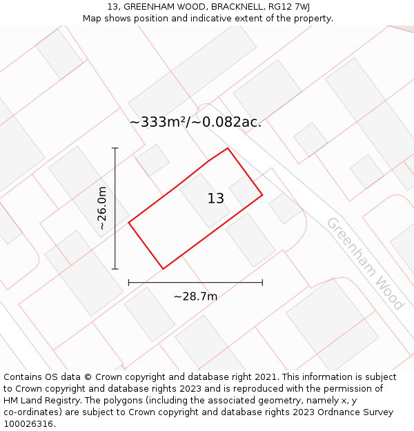 13, GREENHAM WOOD, BRACKNELL, RG12 7WJ: Plot and title map