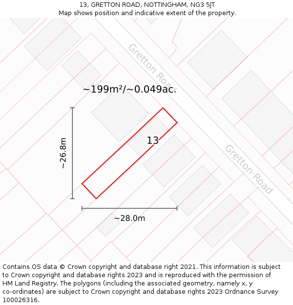 13, GRETTON ROAD, NOTTINGHAM, NG3 5JT: Plot and title map