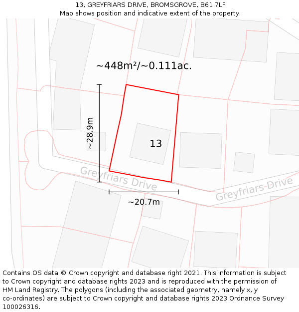 13, GREYFRIARS DRIVE, BROMSGROVE, B61 7LF: Plot and title map