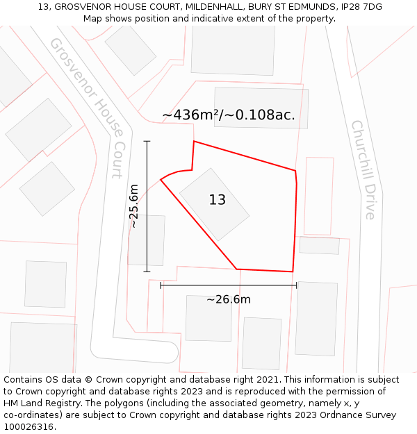 13, GROSVENOR HOUSE COURT, MILDENHALL, BURY ST EDMUNDS, IP28 7DG: Plot and title map