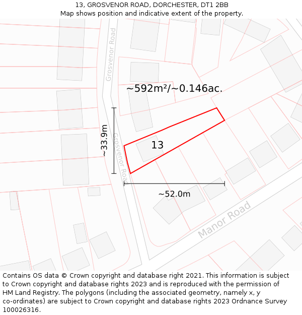 13, GROSVENOR ROAD, DORCHESTER, DT1 2BB: Plot and title map