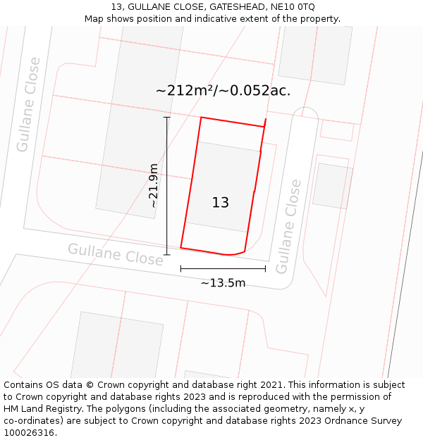 13, GULLANE CLOSE, GATESHEAD, NE10 0TQ: Plot and title map