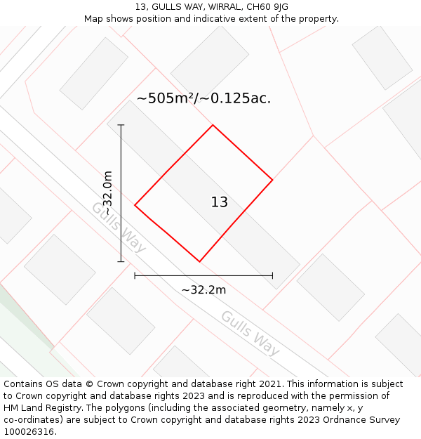 13, GULLS WAY, WIRRAL, CH60 9JG: Plot and title map