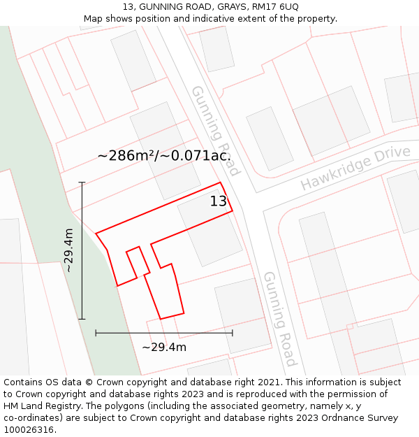 13, GUNNING ROAD, GRAYS, RM17 6UQ: Plot and title map