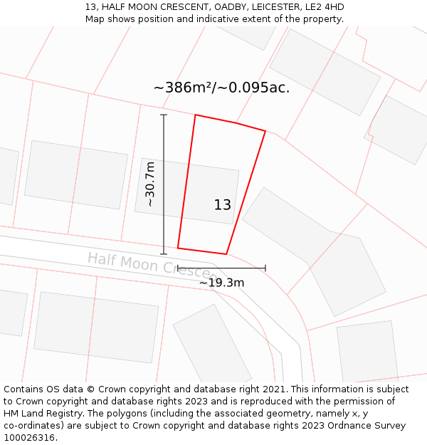 13, HALF MOON CRESCENT, OADBY, LEICESTER, LE2 4HD: Plot and title map