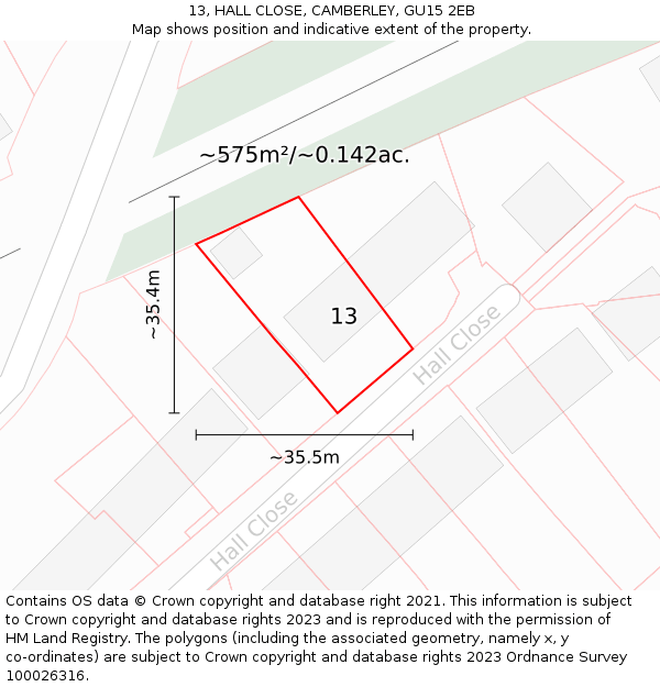 13, HALL CLOSE, CAMBERLEY, GU15 2EB: Plot and title map