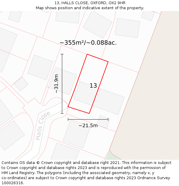 13, HALLS CLOSE, OXFORD, OX2 9HR: Plot and title map