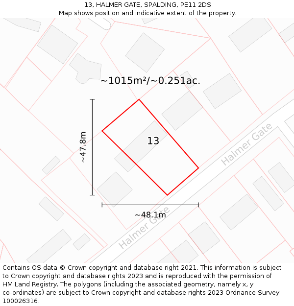 13, HALMER GATE, SPALDING, PE11 2DS: Plot and title map