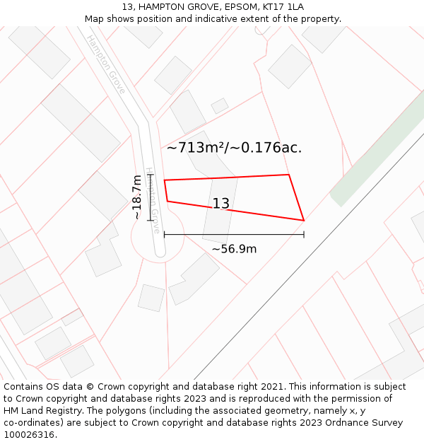 13, HAMPTON GROVE, EPSOM, KT17 1LA: Plot and title map