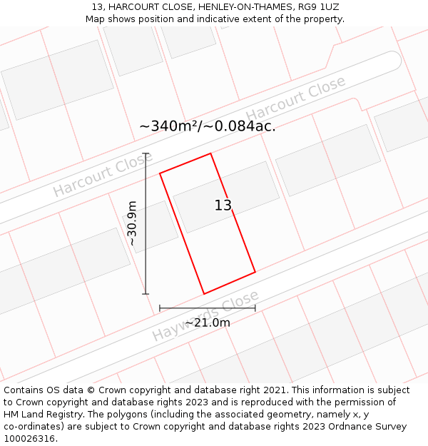 13, HARCOURT CLOSE, HENLEY-ON-THAMES, RG9 1UZ: Plot and title map